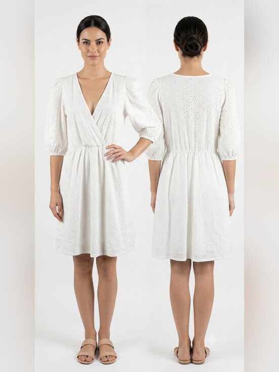 Boohoo Dresses & Skirts - Boohoo Women's Size 4 Faux Wrap puff sleeve White Eyelet Wrap Dress Summer Style